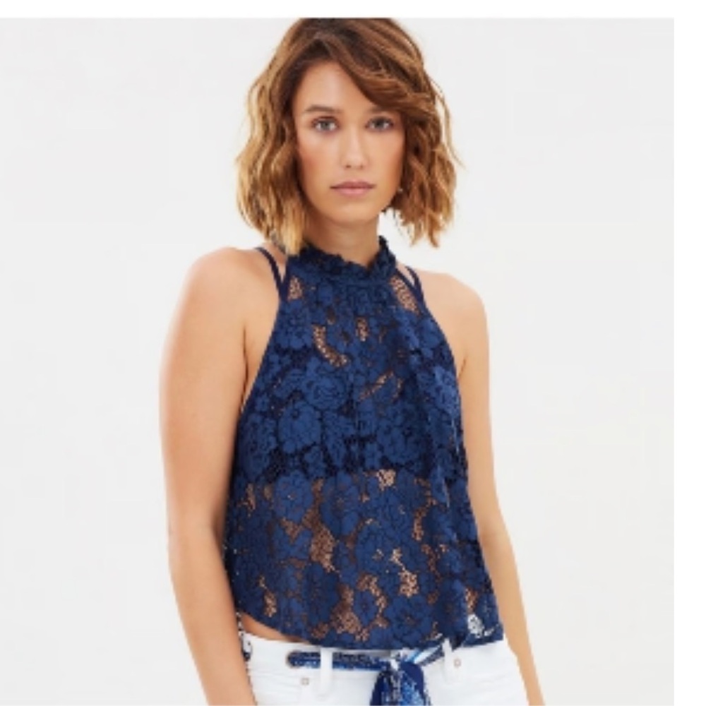 Free People Sheer Boho Chic Lace Top Sweet Meadows Dreams in Navy Size Medium
